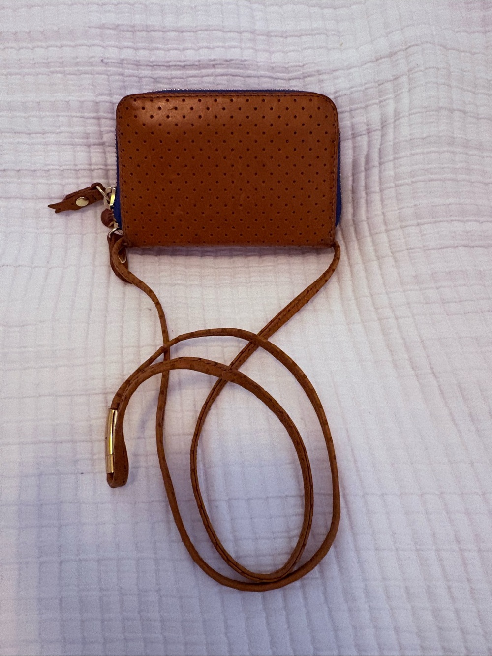 Brown Perforated Crossbody Wallet - Compact Leather Wallet with Strap